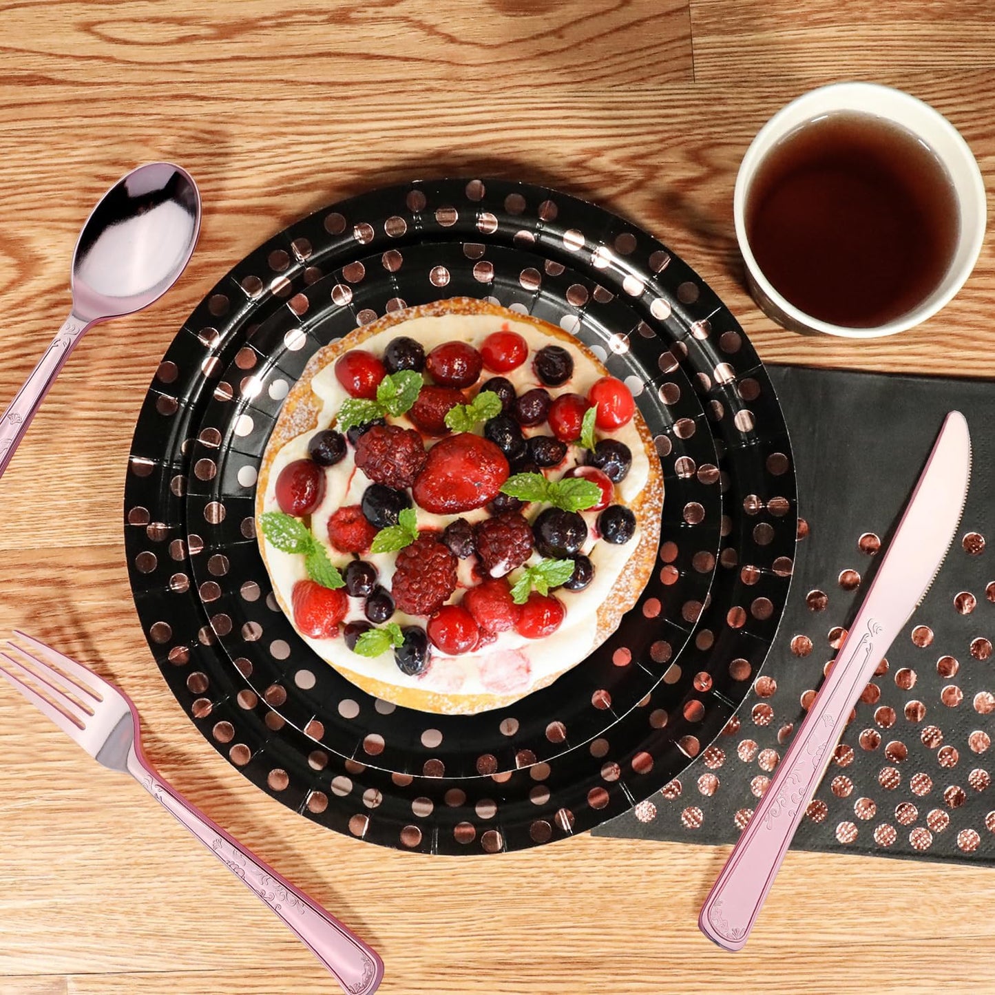 176 Pieces Gold Disposable Party Dinnerware Set &Golden Dot Disposable Party Dinnerware - Black Paper Plates Napkins Cups, Gold Plastic Forks Knives Spoons (25 Guests,176 Pieces)