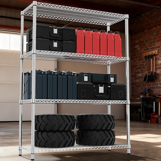 4 Tiers Shelf Metal Storage Shelves 2640 lbs Steel Storage Shelving Utility Shelving Unit Steel Organizer Wire Rack for Home,Kitchen,Office,Garage Chrome 17.7" D x 47.2" W x 70.3" H