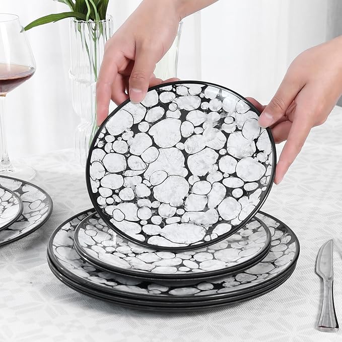 Melamine Dinnerware Sets 12pcs Rustic Farmhouse Dinner Dishes Set Lightweight Service for 4 Plastic Plates and Bowls Set, Modern Gray Bubble