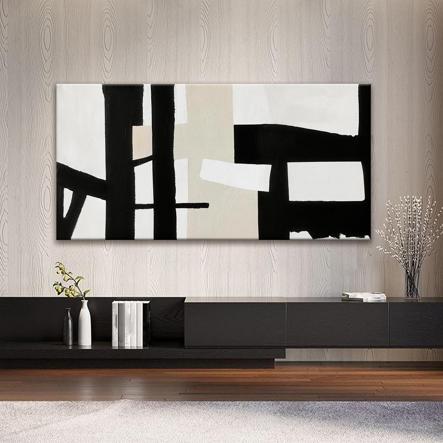 QSQ Large Abstract Wall Art, 29 x 58 Inch, Modern Painting, Black White, Living Room, Office, Bedroom Decor