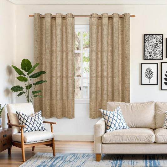 YoungsTex Burlap Linen Curtains 63 Inch Length, Bronze Grommet Light Filtering Privacy Drapes for Bedroom Farmhouse Office Living Room, Toffee, 2 Panels, 60 X 63 Inch