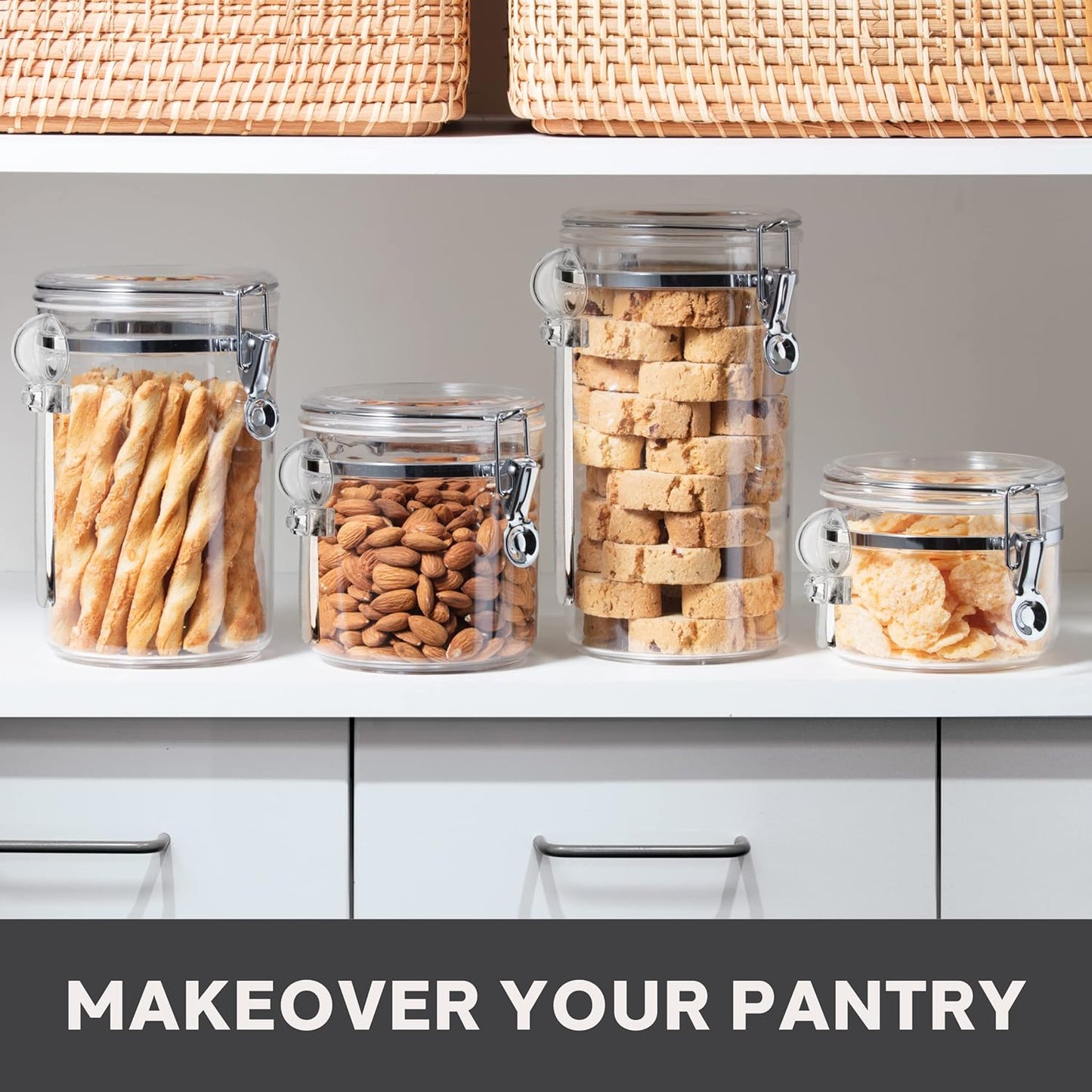 Oggi 4pc Clear Canister Set with Clamp Lids Airtight Containers in Sizes Ideal for Kitchen & Pantry Storage of Bulk, Dry Foods Including Flour, Sugar, Coffee, Rice, Tea, Spices & Herbs (Pack of 3)