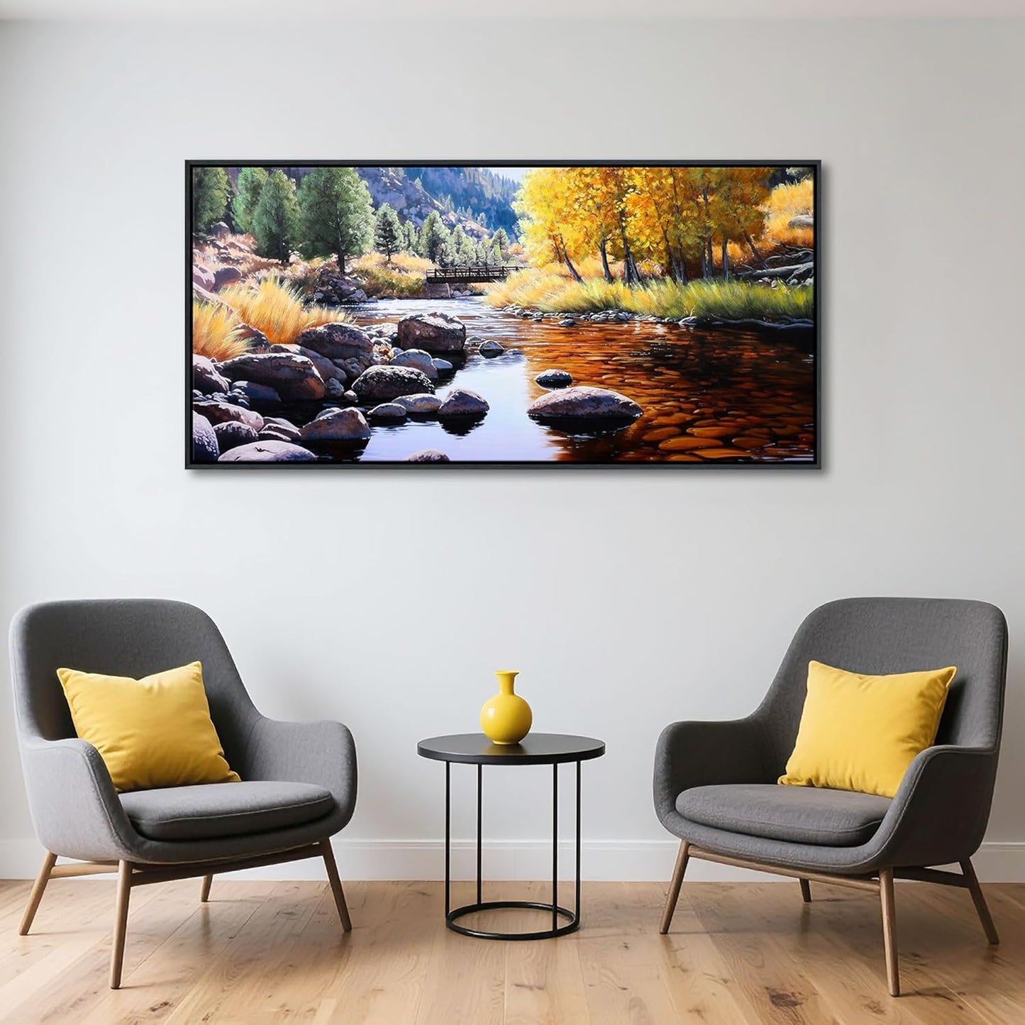 CHATYOUNG Large Fall Wall Art - Yellow Green Forest Paintings Artwork Lake Stone Tree Bridge Rustic Autumn Landscape Canvas Picture for Living Room Bedroom Office Home Wall Decor 24"X48"