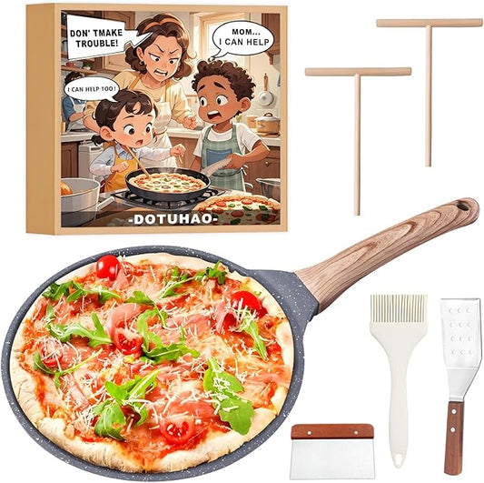 Nonstick Crepe Pan Set, 6 Piece Set Kitchen Pancake Grill Pan, 9.5 Inch Granite Coating Flat Skillet Tawa Dosa Tortilla Pans, Pizza Pans, Fry Pan Compatible with All Stovetops (9.5 Inch)