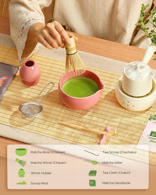 Maestri House 7 Pcs Matcha Whisk Set, Ceramic Tea Kit with Spouted Bowl, Whisk & Holder, Bamboo Scoop, Scoop Rest, Sifter & Cloth – Complete Japanese Tea Gift Set for Beginners & Tea Lovers (Pink)