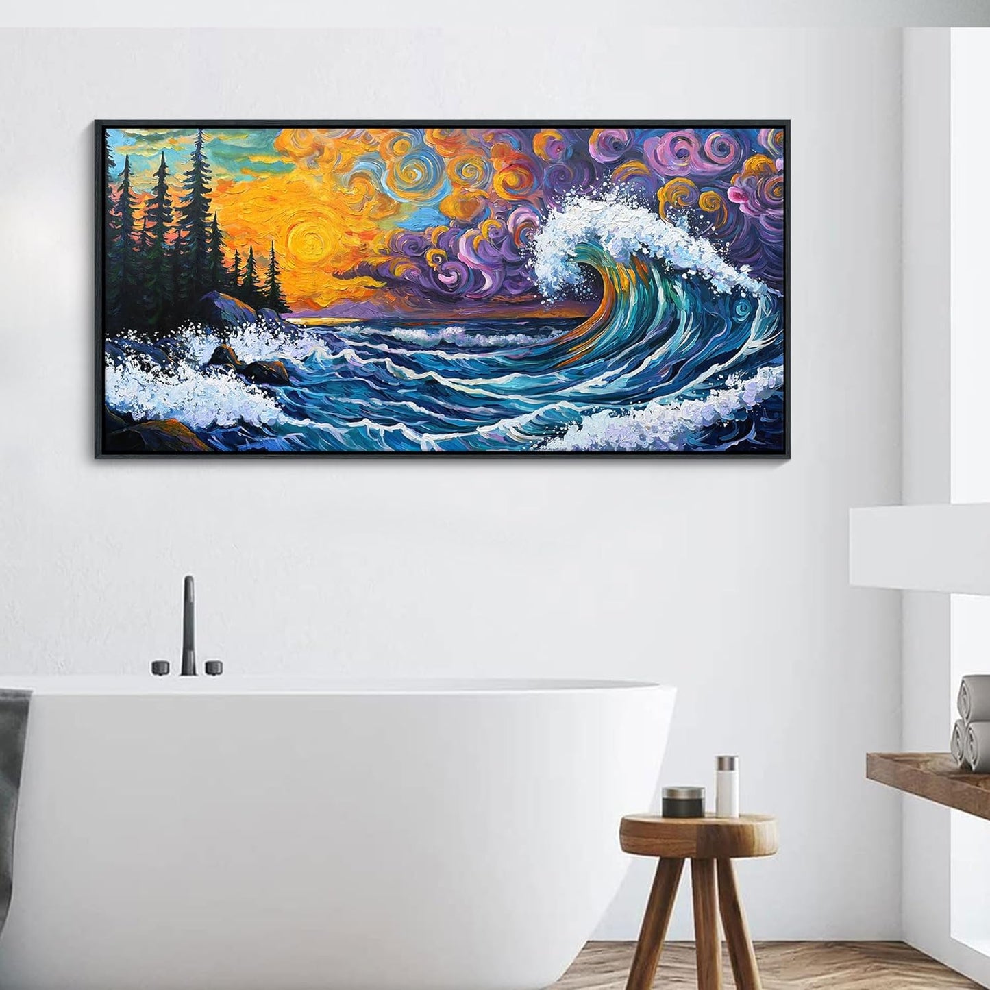 CHATYOUNG Large Framed Wall Art, Abstract Van Gogh Coastal Waves Sunrise Landscape Canvas Paintings Modern Pictures Print Artwork for Living Room Bedroom Kitchen Office Home Wall Decor 24"X48"
