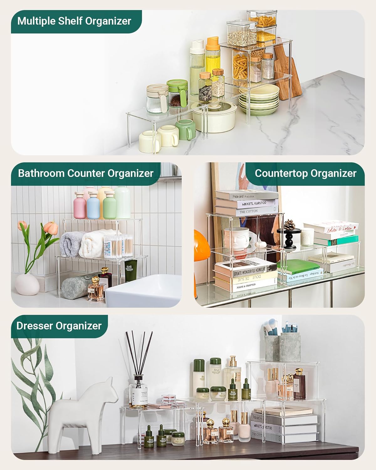 Acrylic Cabinet Organizer, Set of 2 Shelf Organizer, Spice Rack Organizer for Cabinet, Desk Countertop Organizer, Stackable Shelves for Pantry Kitchen Storage and Organization