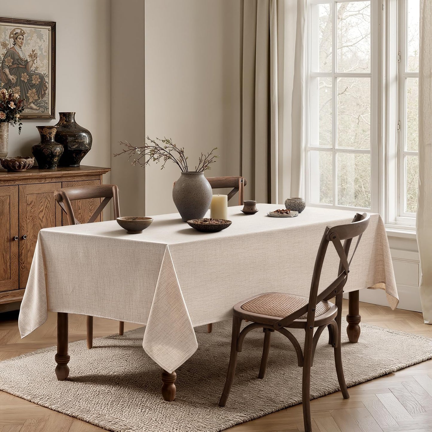 MIULEE Ivory Linen Tablecloth 60x104 Inch Rectangle Table Cloth Waterproof,Stain Resistant & Wrinkle Resistant for Dining Party Wedding