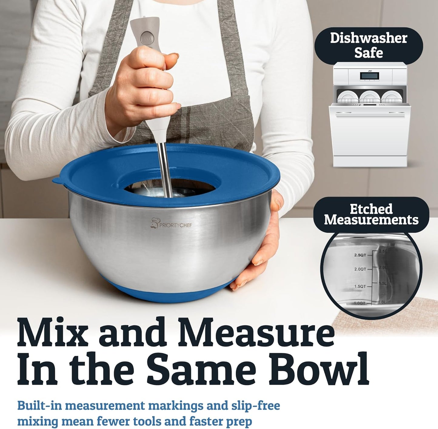 Priority Chef Stainless Steel Mixing Bowls with Lids Set, Metal Nesting Bowls with Airtight Lids, Graters, Non-Slip Base & Measurement Marks, Includes Utensil Set for Prep, Baking & Storage, Blue