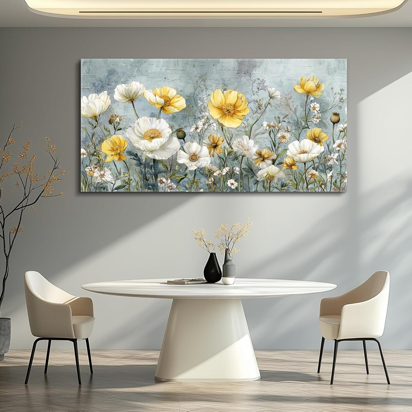 QIYILEXWART Canvas Wall Art For Living Room Wall Decor For Bedroom Office Wall Decoration Yellow White Flowers Landscape Painting Farmhouse Pictures Artwork Room Aesthetic Home Decor 20x40 In