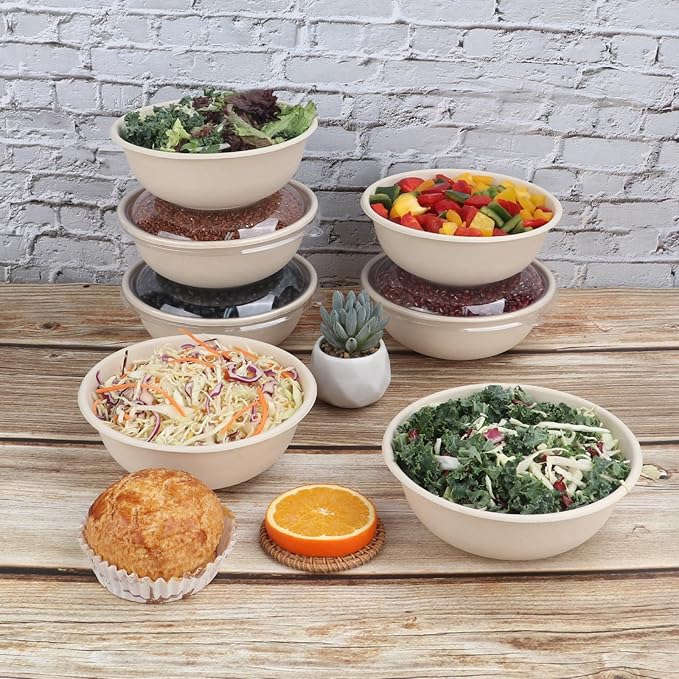 28 oz Disposable salad bowls with lids, Sugarcane Fiber Paper Bowls Deli Container 50 Pack