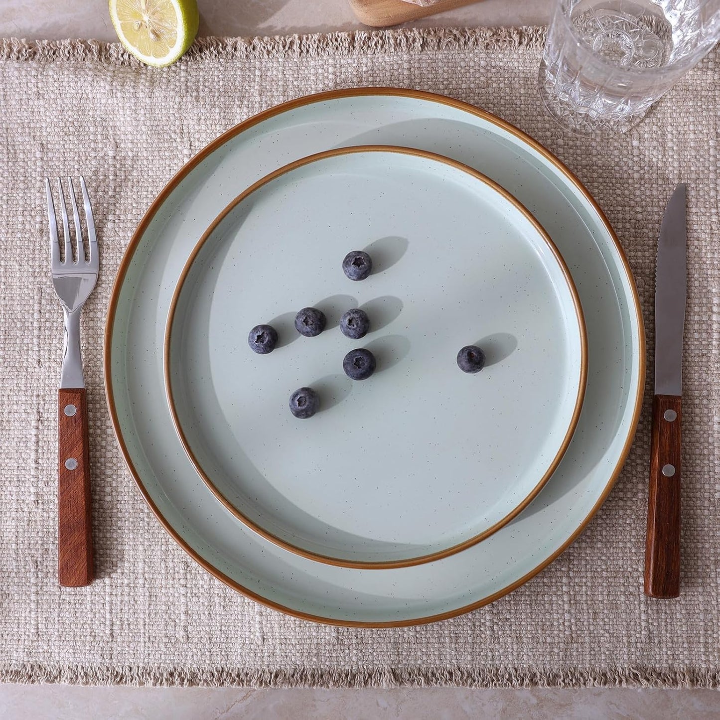 Famiware Nebula Plates and Bowls Sets for 4, 12 Pieces Stoneware Dinnerware Set, Microwave and Dishwasher Safe Dishes Set, Light Green with Brown Rim