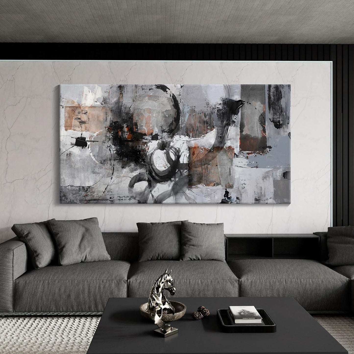 Pogusmavi Large Abstract Canvas Wall Art - Black & Grey, 29x58in, Framed, Modern Decor for Living Room & Bedroom