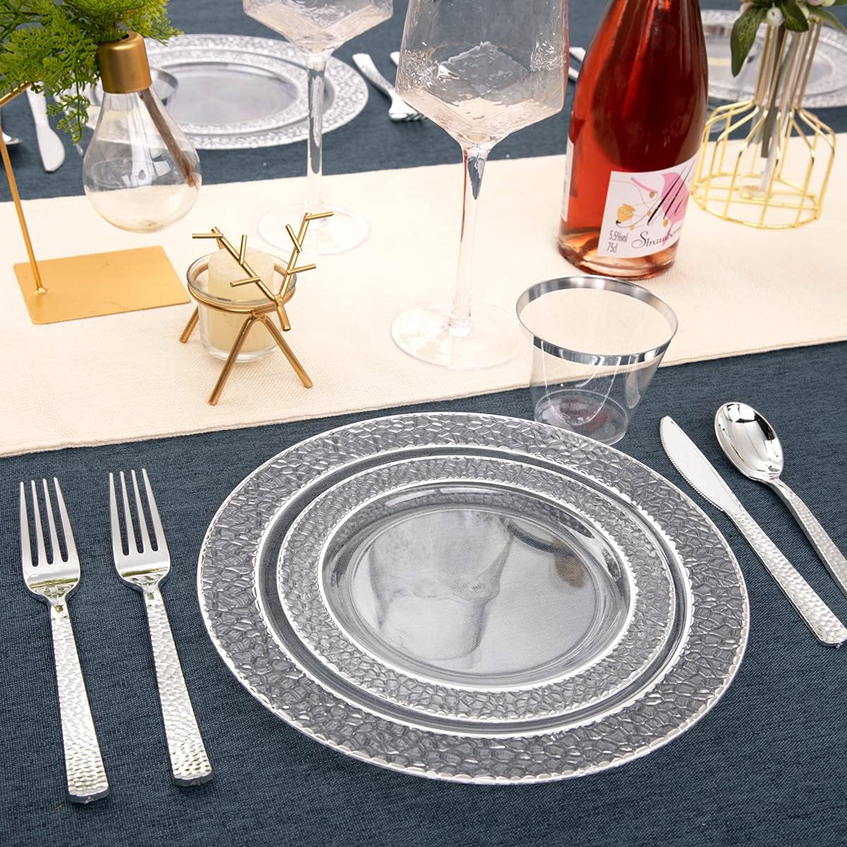 Ciaell 150PCS Clear Silver Plastic Plates - Silver Disposable Plates include 25Dinner Plate, 25Dessert Plate, 25Forks, 25Knives, 25Spoons, 25Cups for Weddings & Parties