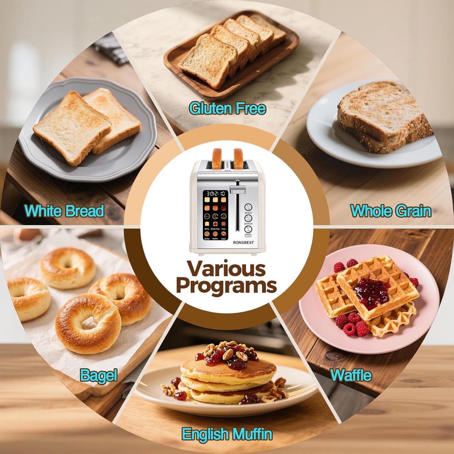 2 Slice Touch Screen Toaster, Stainless Steel Toaster with Wide Slots for Bagels and Bread, Reheat/Defrost/Cancel Functions, Removable Crumb Tray, Cream Color