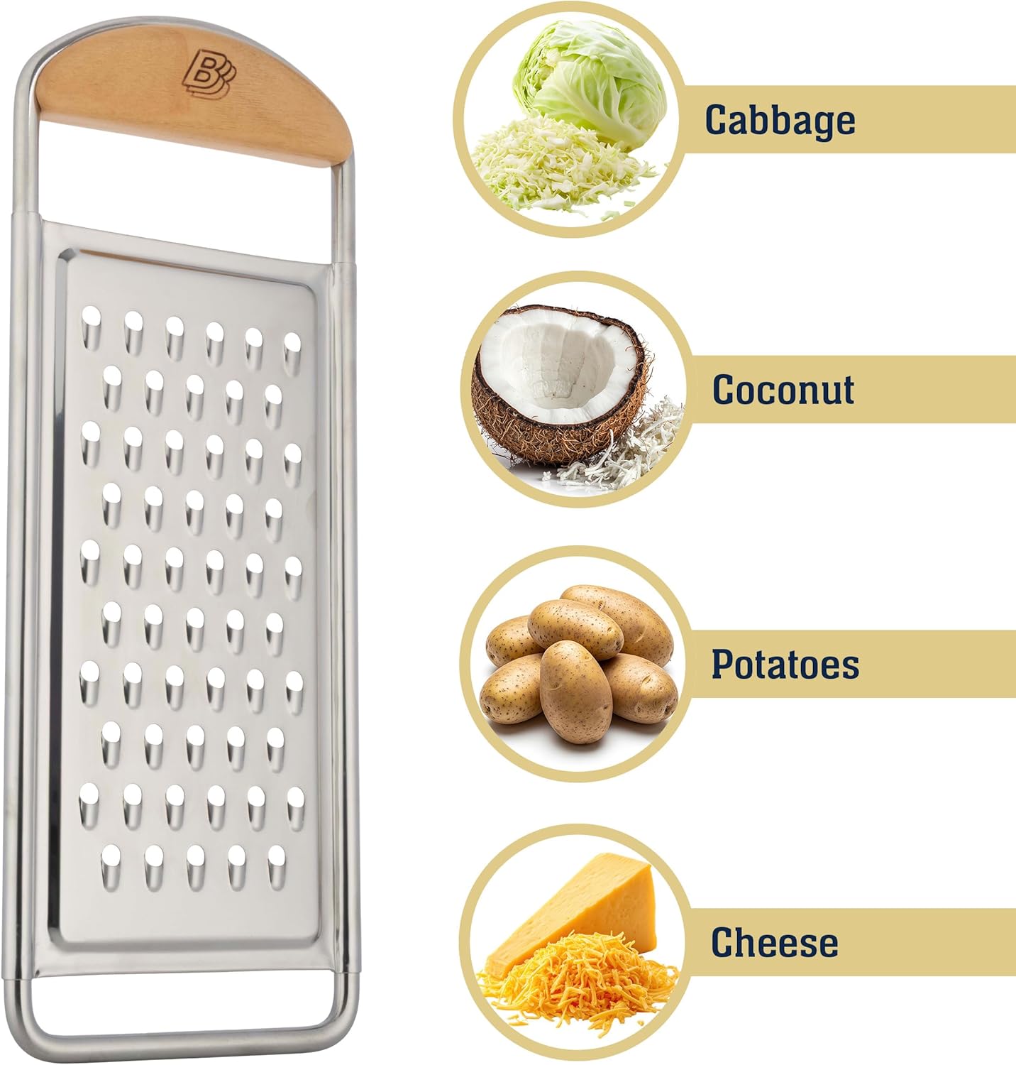 Cheese Grater Handheld - Stainless Steel Flat Food Grater with Cherrywood Handle - Coarse Shredder Kitchen for Medium-Hard Cheese and Vegetables - Italian Made Kitchen Gadgets by Kings County Tools