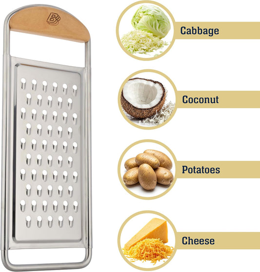 Cheese Grater Handheld - Stainless Steel Flat Food Grater with Cherrywood Handle - Coarse Shredder Kitchen for Medium-Hard Cheese and Vegetables - Italian Made Kitchen Gadgets by Kings County Tools