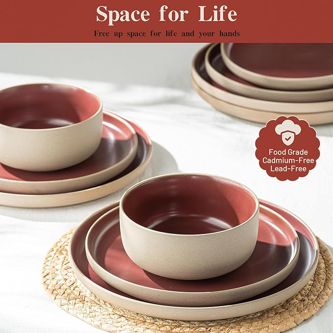 12 Pieces Dinnerware Sets,Plates and Bowls Sets,Handmade Reactive Glaze Dishes Set for 4 with at Least 10% Recycled Ceramic and the Raw Texture of the Clay (Angora Red)