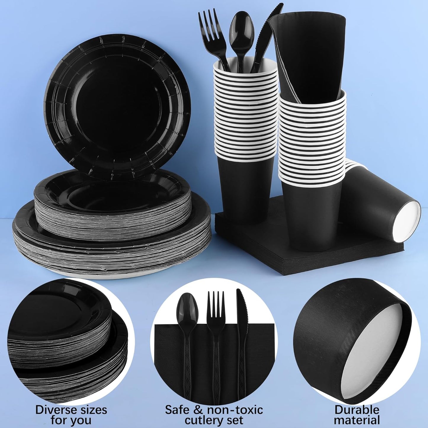 durony 350 Pieces Black Paper Dinnerware Set 7 Inch 9 Inch Disposable Dinner Plates Serve 50 Guests Paper Cup Cutlery Napkins Solid Color Party Supplies for Birthday Wedding Party Family Picnic