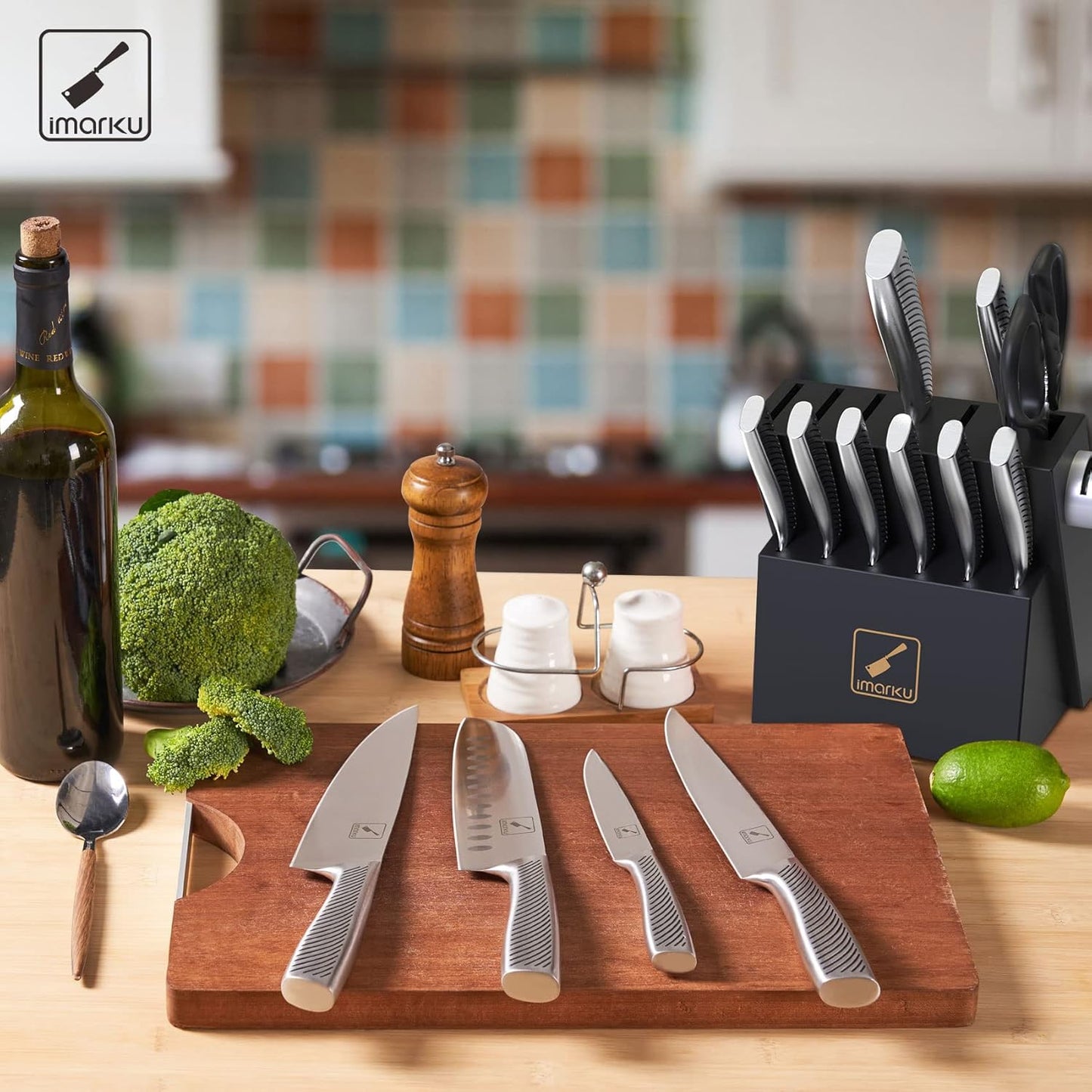 Knife Block Set, 15Pcs High Carbon Stainless Steel Knife Set with Block, Kitchen Knife Set Black, Dishwasher Safe, Build-in Sharpener