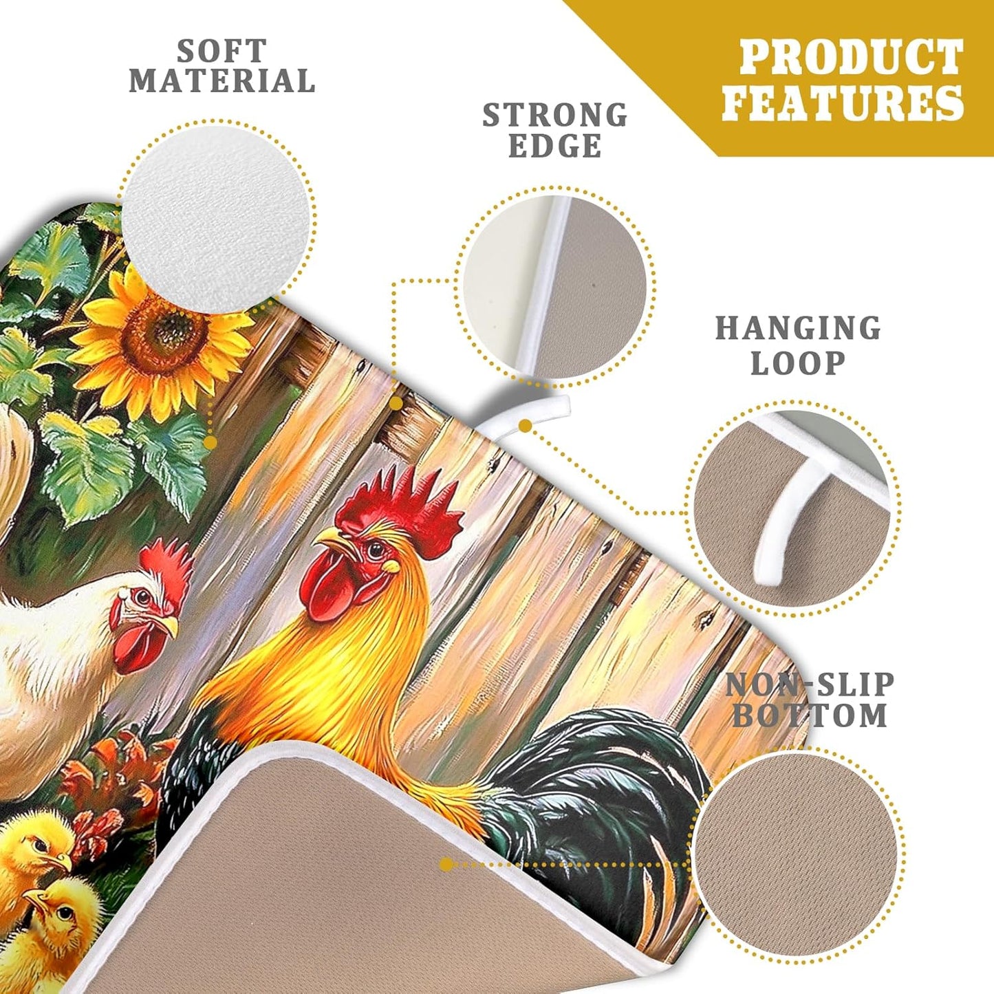 Rooster Dish Drying Mats 16x18 Inch,Farmhouse Chickens Sunflower Rustic Wooden Fence Microfiber Absorbent Draining Racks Sink Drainer Pad for Kitchen Coffee Maker Counter Decor