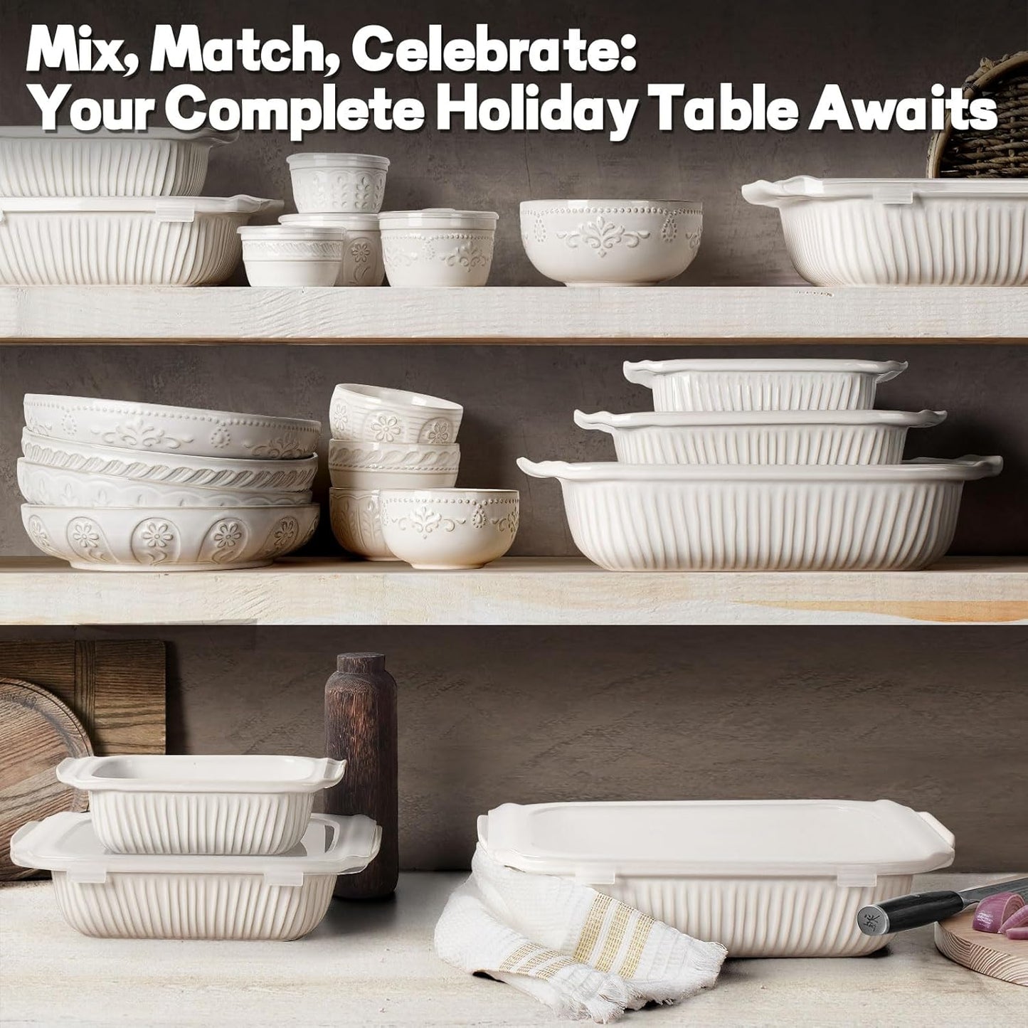 Artena Casserole Dishes For Oven, Ceramic Baking Dish, Large Lasagna Pan With Handles, Baking Pan Casserole Dish, Rectangular Bakeware Deep, White, Set Of 3 (5.1Qt/2.3Qt/1.1Qt) (Baking Dish With Lids)