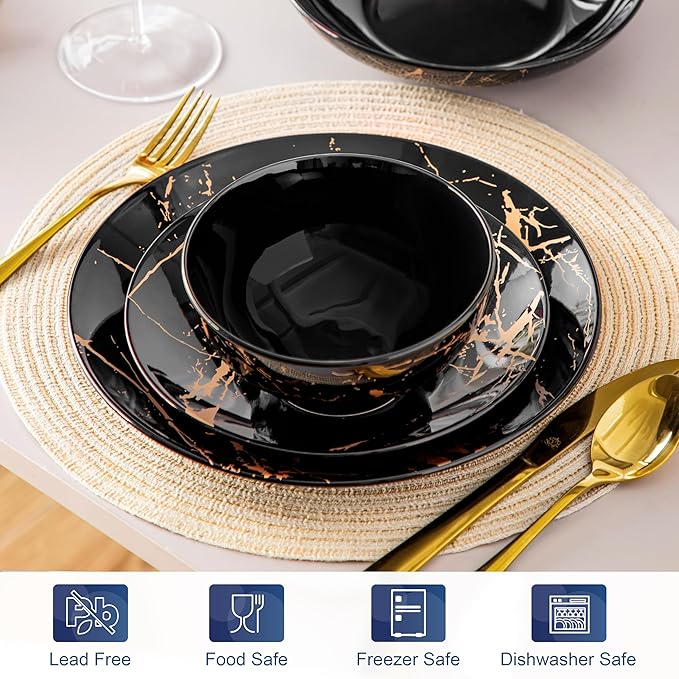 LOVECASA Plates and Bowls Sets for 6, 24 Pieces Porcelain Dinnerware Sets, Black and Gold Dish Set Gold Splash Dishware Sets, Dishwasher Microwave Safe