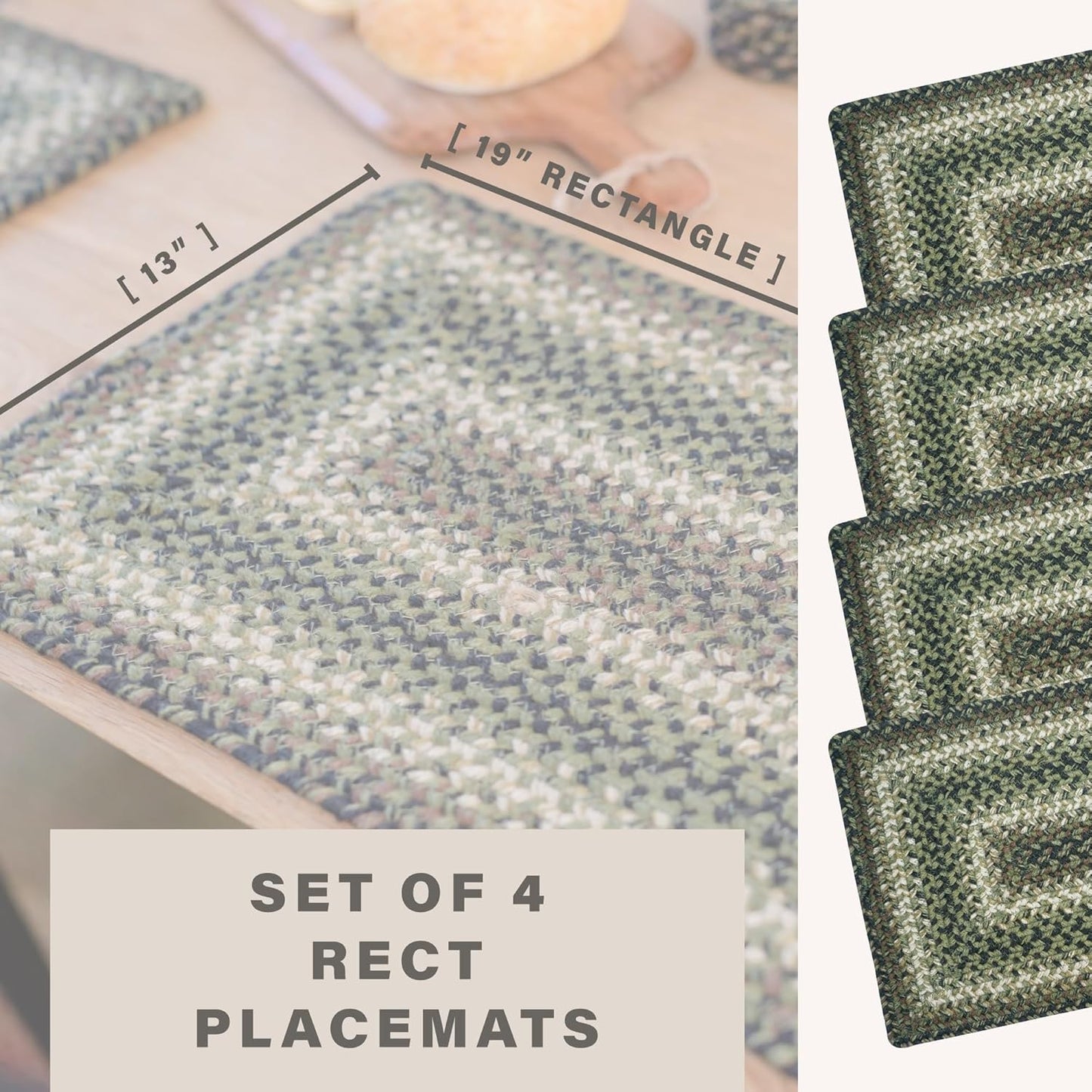 Homespice Pinecone Jute Woven Placemats, Warm Country Rustic Decor, Set of 4, Green 13x19 Rectangle Table Mats - Vibrant Colors, Durable, Easy to Clean and Protects Furniture
