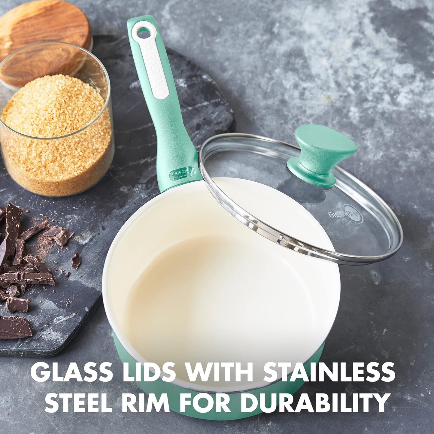 GreenPan Ceramic Nonstick Saucepan, 2QT | PFAS-Free | Dishwasher Safe | Turquoise | Pack of 2