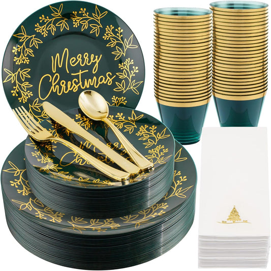 Morejoy 175Pcs Green Gold Christmas Plastic Place Setting, Includes Plates, Cutlery, Cups, Napkins, for Party