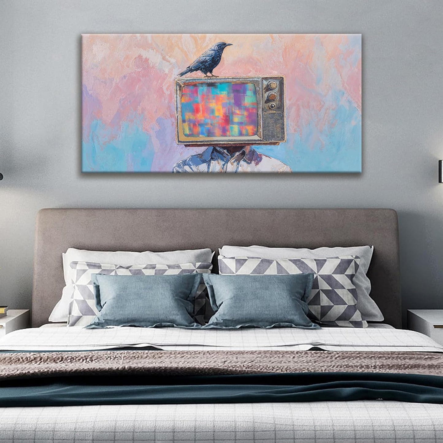 Abstract Art Wall Decor Prints Crow And Tv Head Wall Decorations Ready To Hang Modern Wall Art For Living Room Office Bedroom Bathroom Kitchen Canvas Prints Decor 20x40 Inch