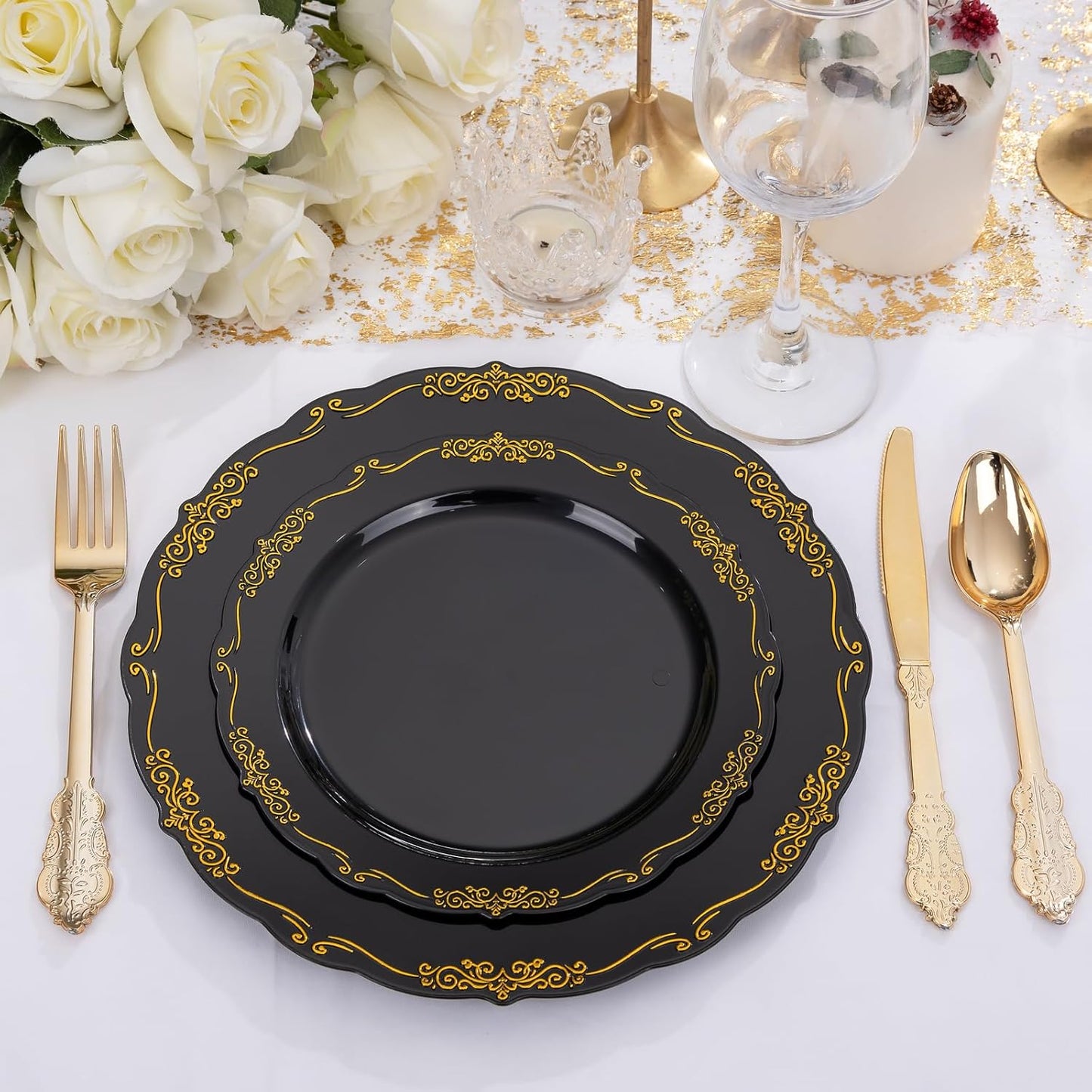 DaYammi 150Pcs Black Gold Plastic Plates & Plastic Silverware, Halloween Black Disposable Plates for Party Include 30 Dinner Plate, 30 Dessert Plate, 30 Knives, 30 Forks, 30 Spoons for Wedding
