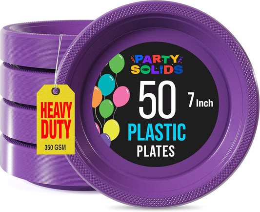 Exquisite Party Solids Purple Plastic Plates For Party Supplies 7" Purple Disposable Plates Heavy Duty 50 Pcs Plastic Dinnerware Sets Heavy Duty 350 GSM Disposable Dinnerware Set