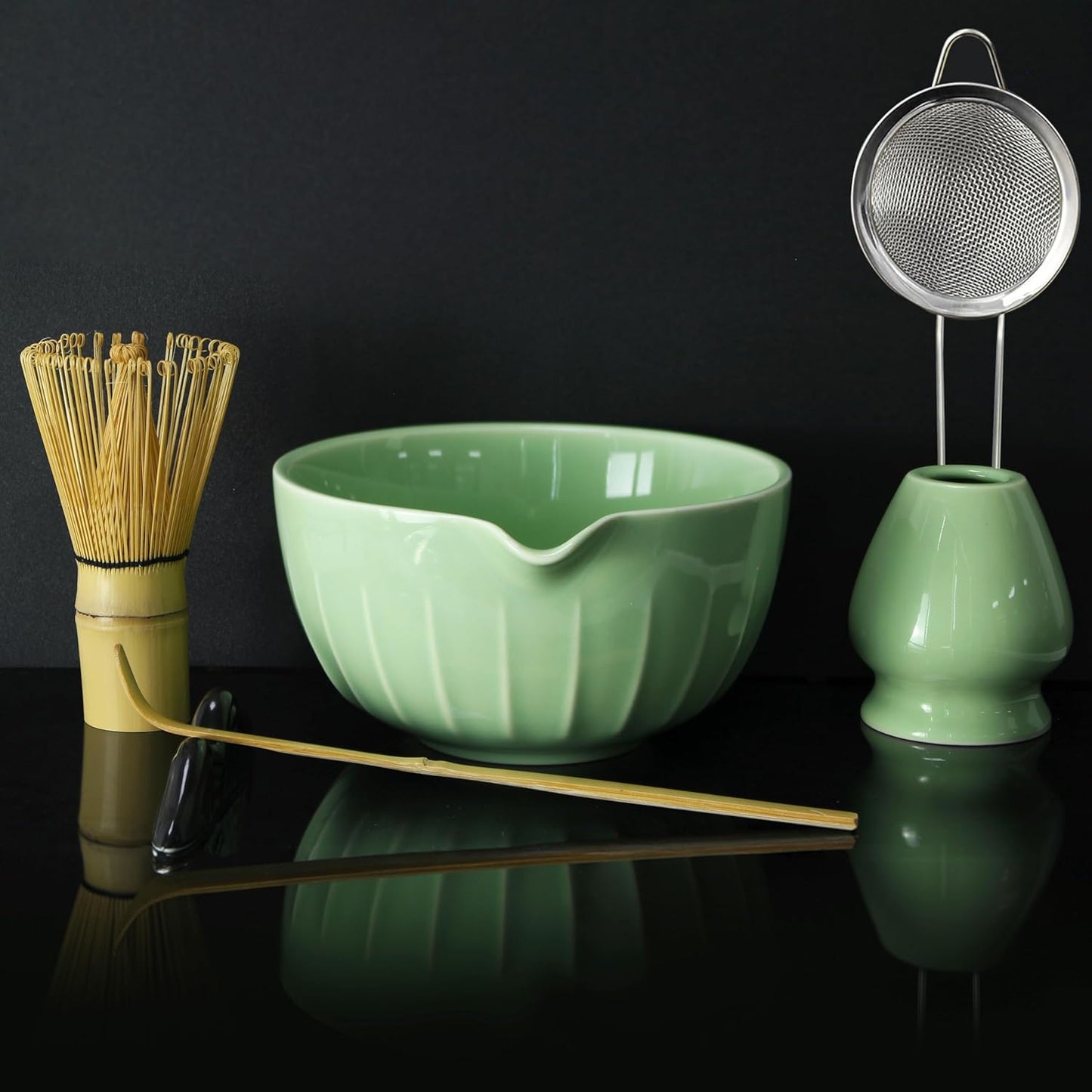 Matcha Whisk Set 7 Pcs - Ceramic Matcha Set with Bowl, Whisk, Holder, Bamboo Scoop, Rest, Sifter, and Tea Towel – Elegant Matcha Kit Gift for Women