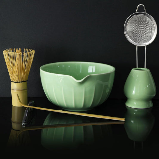 Matcha Whisk Set 7 Pcs - Ceramic Matcha Set with Bowl, Whisk, Holder, Bamboo Scoop, Rest, Sifter, and Tea Towel – Elegant Matcha Kit Gift for Women