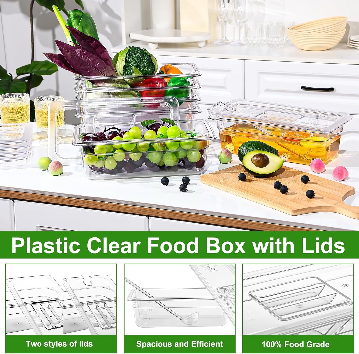 6 Pack Plastic Food Pans with Lids, 1/3 Size 4'' Deep Clear Commercial Stackable Polycarbonate Pans Hotel Food Storage Pan with 1 Pcs Spoon for Fruits Vegetables