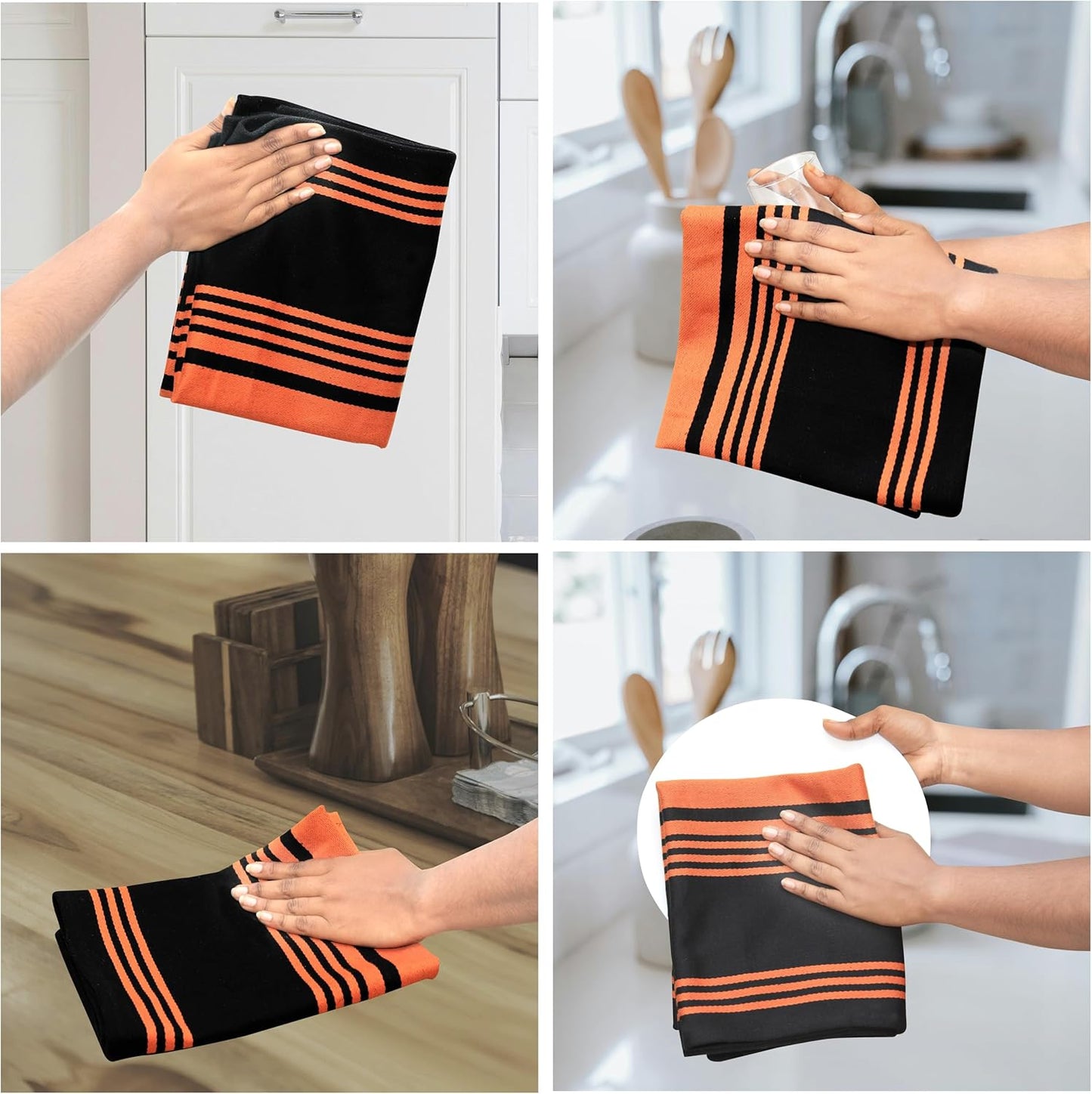 Urban Villa Halloween Kitchen Towels 100% Cotton Set of 6 Dish Towels - 20x30 Inches Highly Absorbent Quick Drying Dish Towels for Kitchen with Hanging Loop Hand & Tea Towels (Orange & Black Striped)