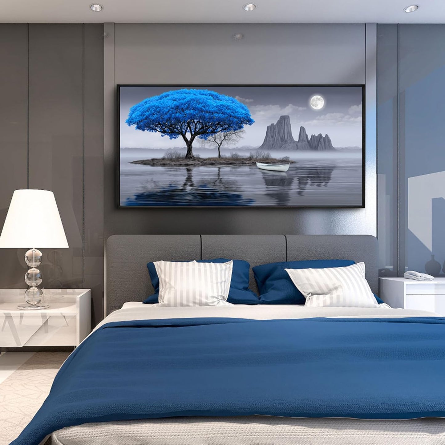 XLSJERST Wall Art for Living Room - Black and White Blue tree Moon Canvas Wall Decor for Home artwork Painting 58x29 Inches Canvas Print for Bedroom Decor Modern Salon Kitchen Office Hang a Picture