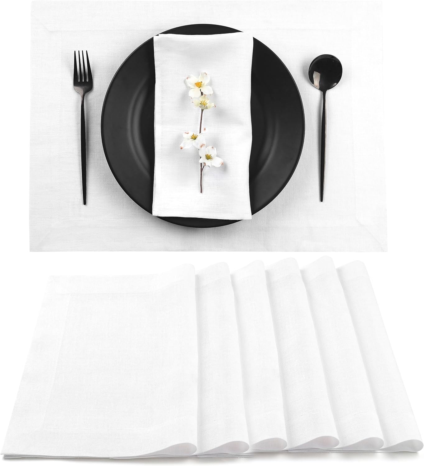 D'Moksha Homes Linen White Placemats Set of 6-100% Pure Linen Placemats 14 x 19 Inch for Fall, Autumn and Halloween - Handcrafted and Machine Washable