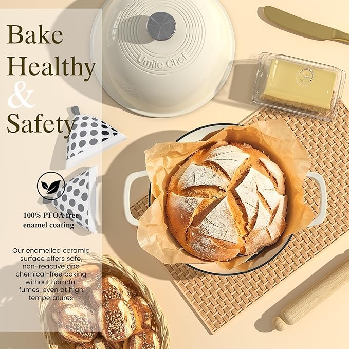 Enameled Round Cast Iron Bread Oven, 6 Qt Cast Iron Dutch Oven for Homemade Sourdough Bread Baking, Bread Pot with Dome Lid & Cotton Potholders (Cream White)
