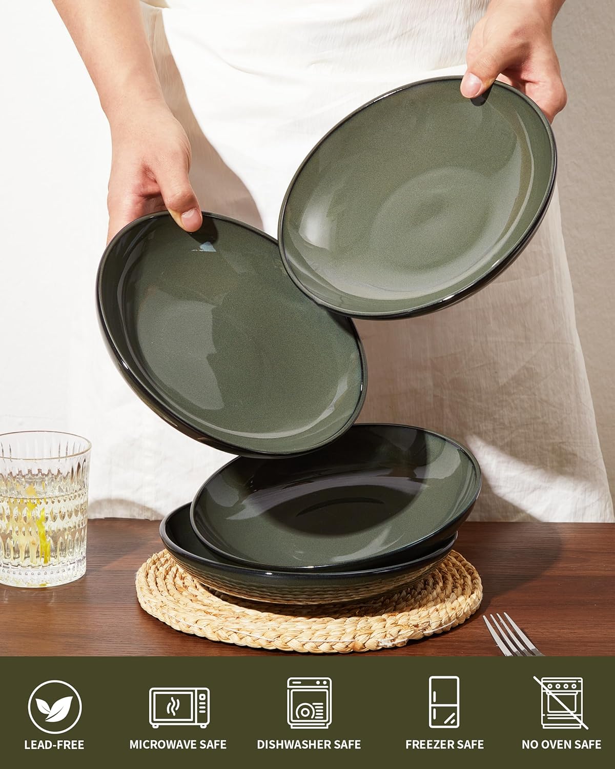 Pasta Bowls Set of 4, Reactive Glaze Salad Bowl 30 oz, Microwave & Dishwasher Safe, Large Wide Serving Bowls for Fruit/Soup/Noodle/Dessert, Blackish Green