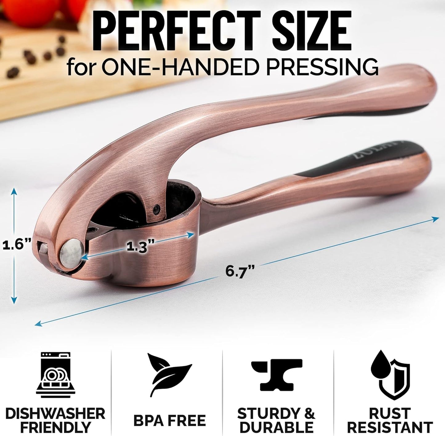 Zulay Kitchen Premium Garlic Press - Durable Garlic Masher with Soft, Easy to Squeeze Handle - Garlic Mincer Tool - Sturdy Easy to Clean Garlic Crusher (Copper)