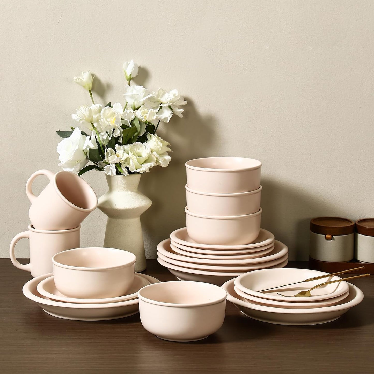 GZG Vintage Series - Ceramic Dinnerware Set for 4, 12 Pieces Stoneware Plates and Bowls Set, Lead-Free, Handcrafted Dishes Set, Microwave & Dishwasher Safe - Cream White