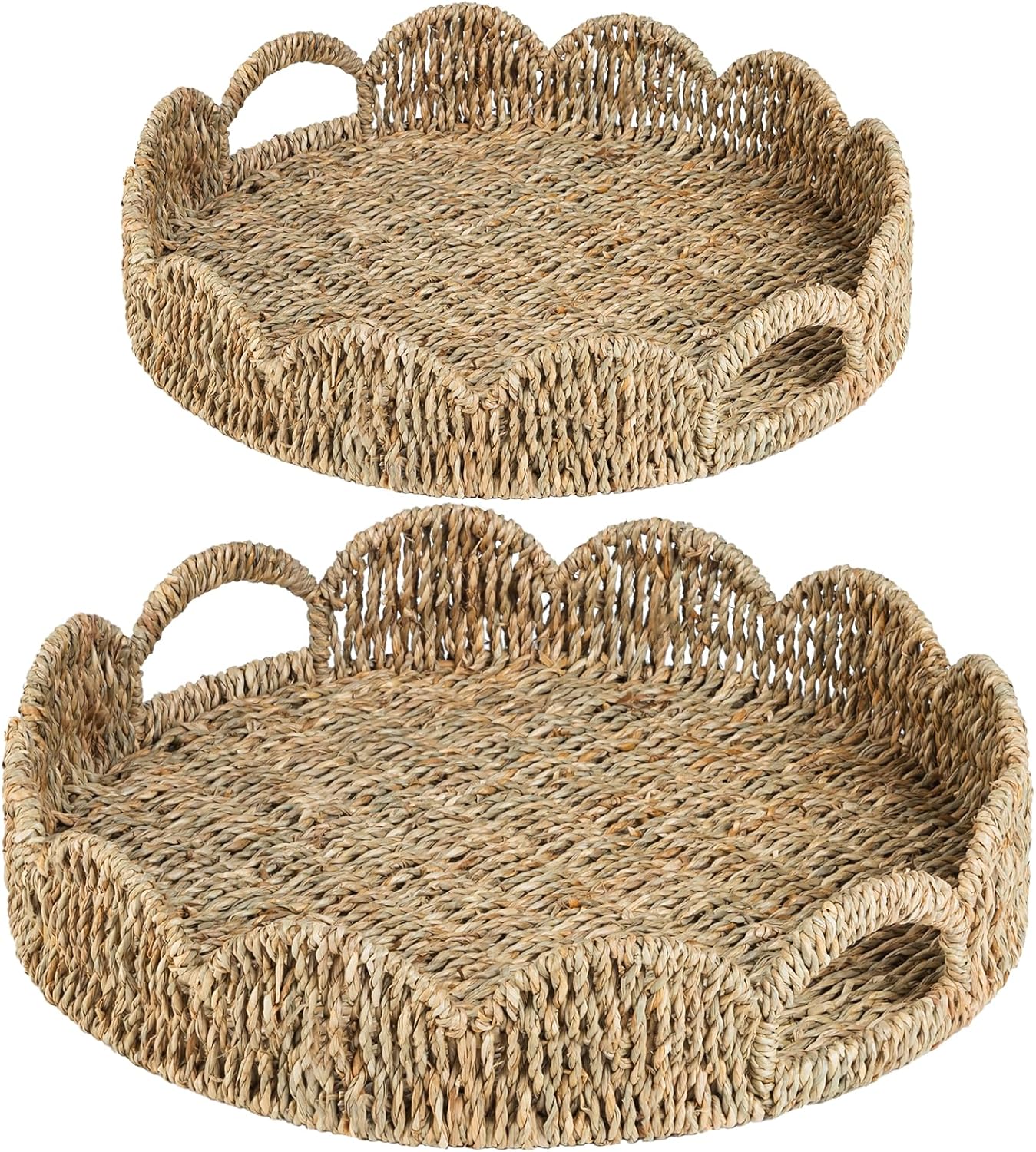 Scalloped Serving Tray, 13.8" Woven Round Table Decor Tray, Wicker Rattan Basket with Handles, Natural Seagrass Tray for Room Decor, Set of 2