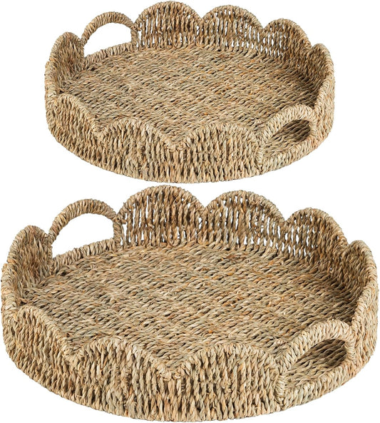 Scalloped Serving Tray, 13.8" Woven Round Table Decor Tray, Wicker Rattan Basket with Handles, Natural Seagrass Tray for Room Decor, Set of 2