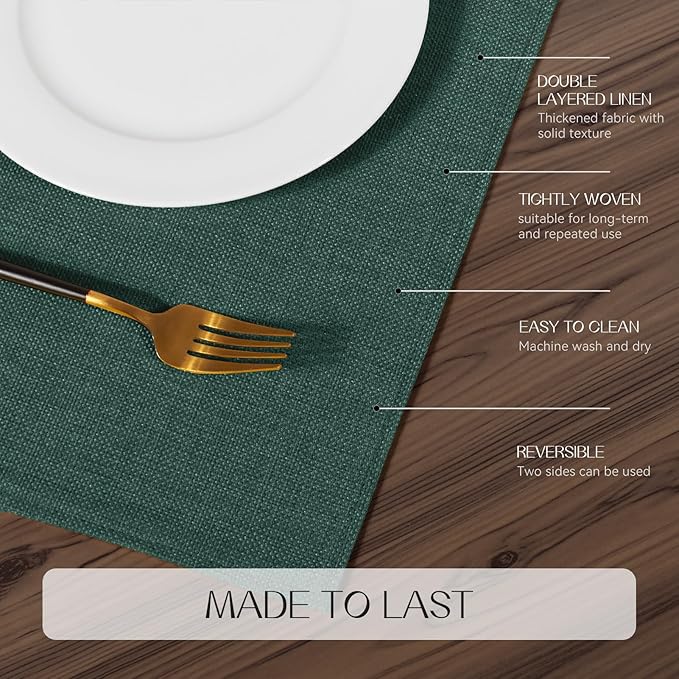 Romanstile Cloth Placemats Set of 6-12 x 18 Inch, Heat Resistant Double Layered Thickened Burlap Christmas Place Mats, Washable Linen Farmhouse Table Mats for Kitchen/Dining/Party/Outdoor, Green