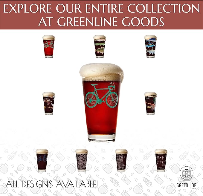 Greenline Goods - Bicycle Beer Glasses (Set of 2) |16 oz Drinkware with Colorful Cyclist Designs | Premium Decorative Glassware | Unique Gifts for Cyclists & Bike Riders [Green]