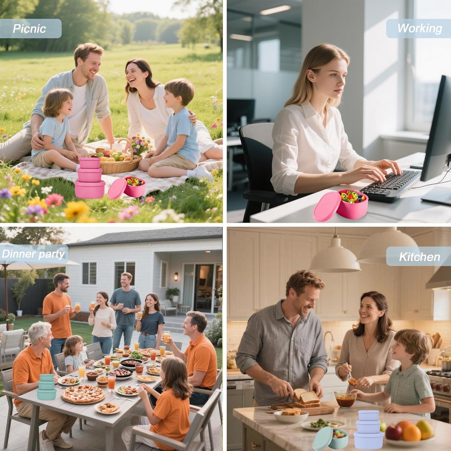 Reusable Nesting Silicone Food Storage Containers, Set of 3 Lunch Box Bento with Lids, Airtight Snack Container, BPA Free, Dishwasher Microwave Oven Freezer Safe (6.7oz, 10oz, 20oz) (Light Blue)