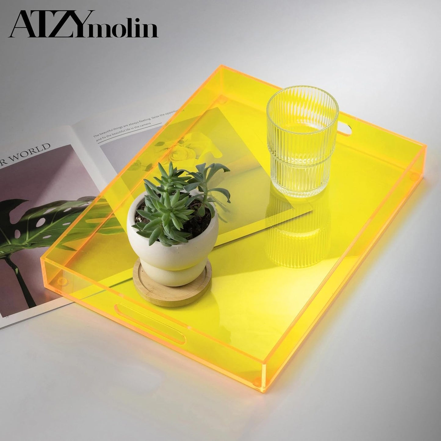16"x12" Large Acrylic Serving Tray Decorative Ottoman Coffee Table Vanity Tray Tea Fruit Platter Snack Appetizer Dessert Drink with Handles for Bar Kitchen Party, Neon Yellow