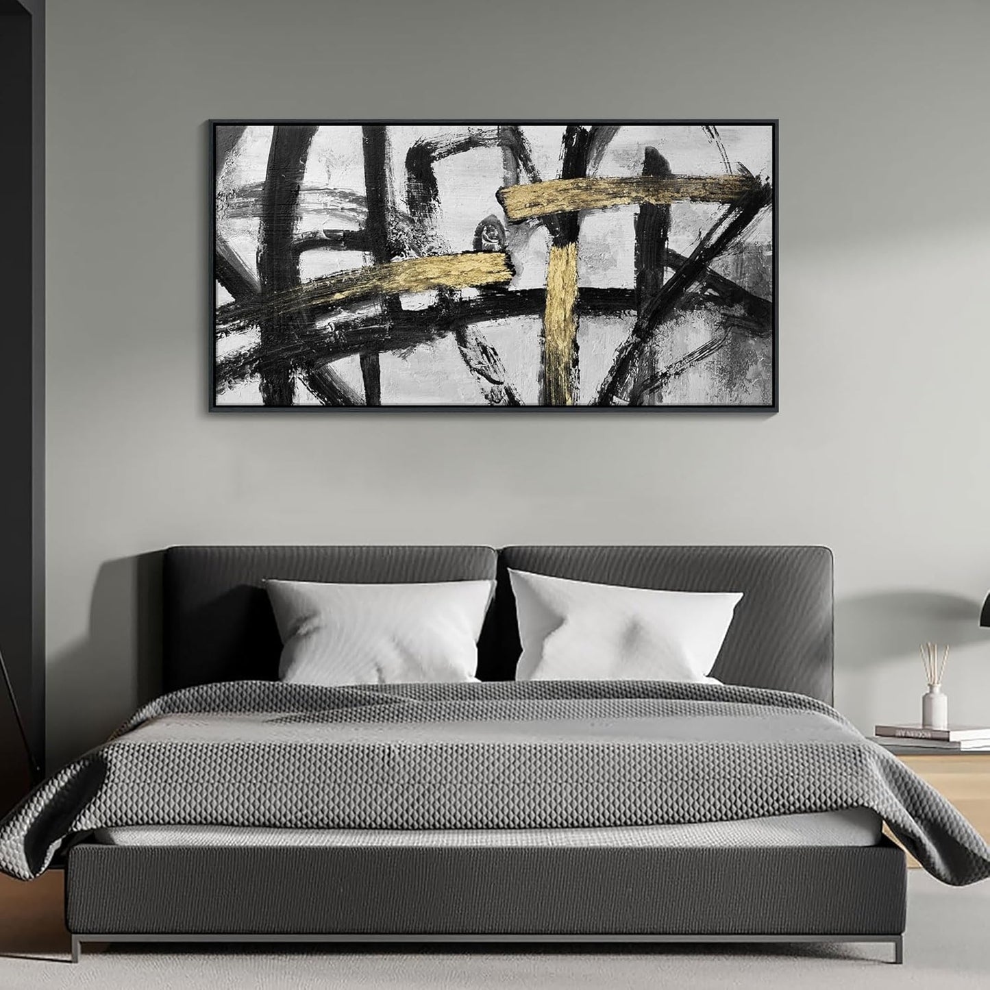 CHATYOUNG Large Framed Wall Art, Black and White Gold Graffiti Modern Abstract Paintings Hand Drawn Textures Canvas Prints Wall Pictures for Bedroom Living Room Office Decor 24 x 48 In